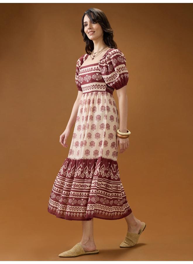 Globus Women Maroon Square Neck Puff Sleeves Ethnic Print Smocked Tiered Fit & Flare Midi Dress - Image 3